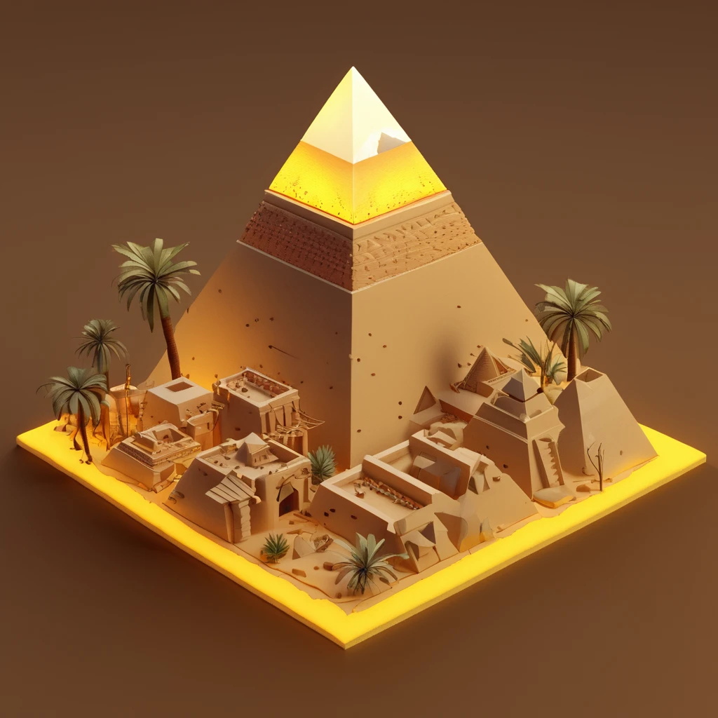 IsometricDesert, brown background, vase, night, glowing, floating island, yellow background, 3d, three pyramids, ladder, fire   <lora:IsometricDesertXL:1>,