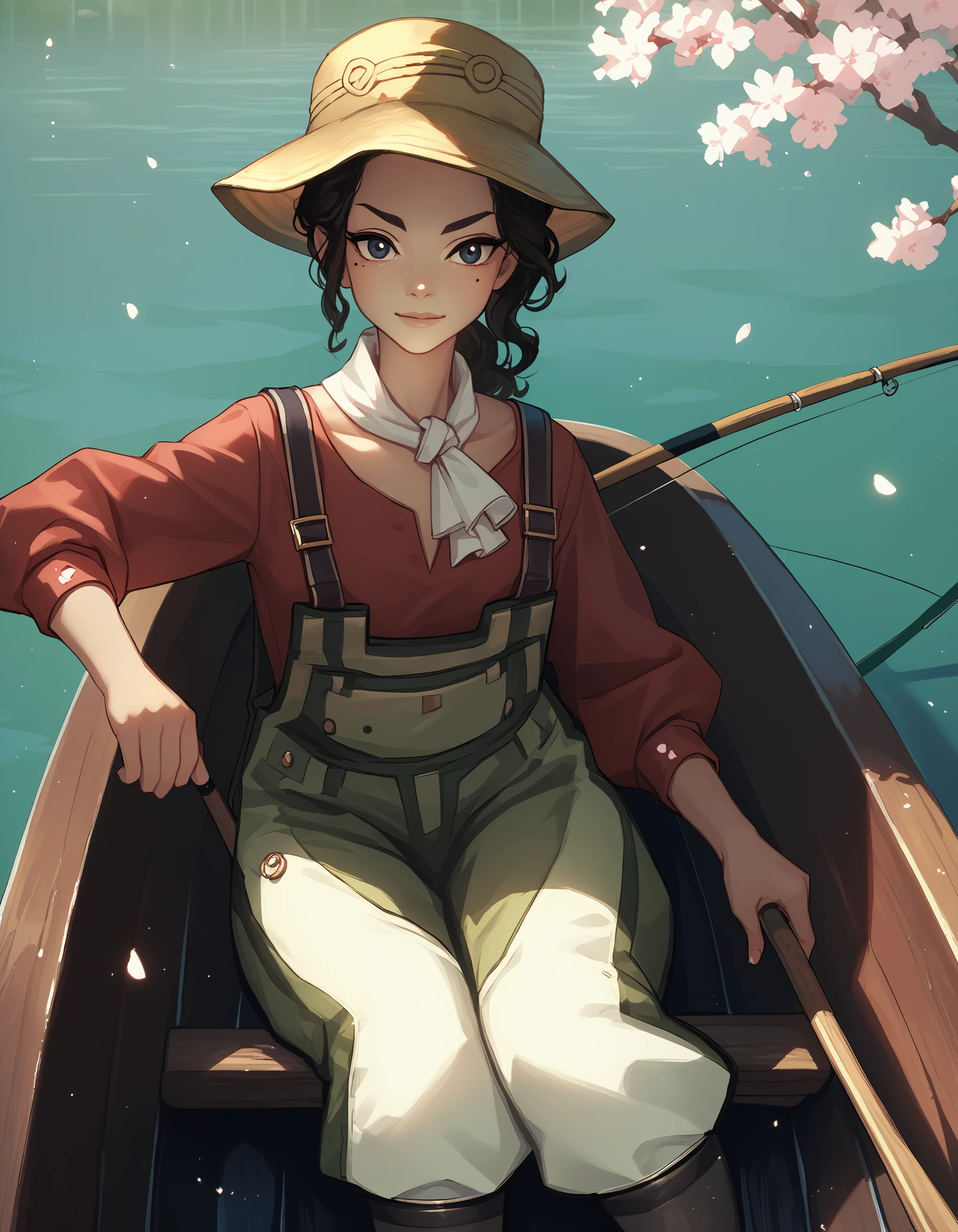 score_9, score_8_up, score_7_up, score_8, score_7, (tphna:1.1), 1girl, solo,
red shirt, mole under eye, white neckerchief, overalls, 
cherry blossoms, boat, sitting, fishing, 
light particles, sunlight, 
<lora:tp_hena_tphna_ponyxl_v1-000060:1>