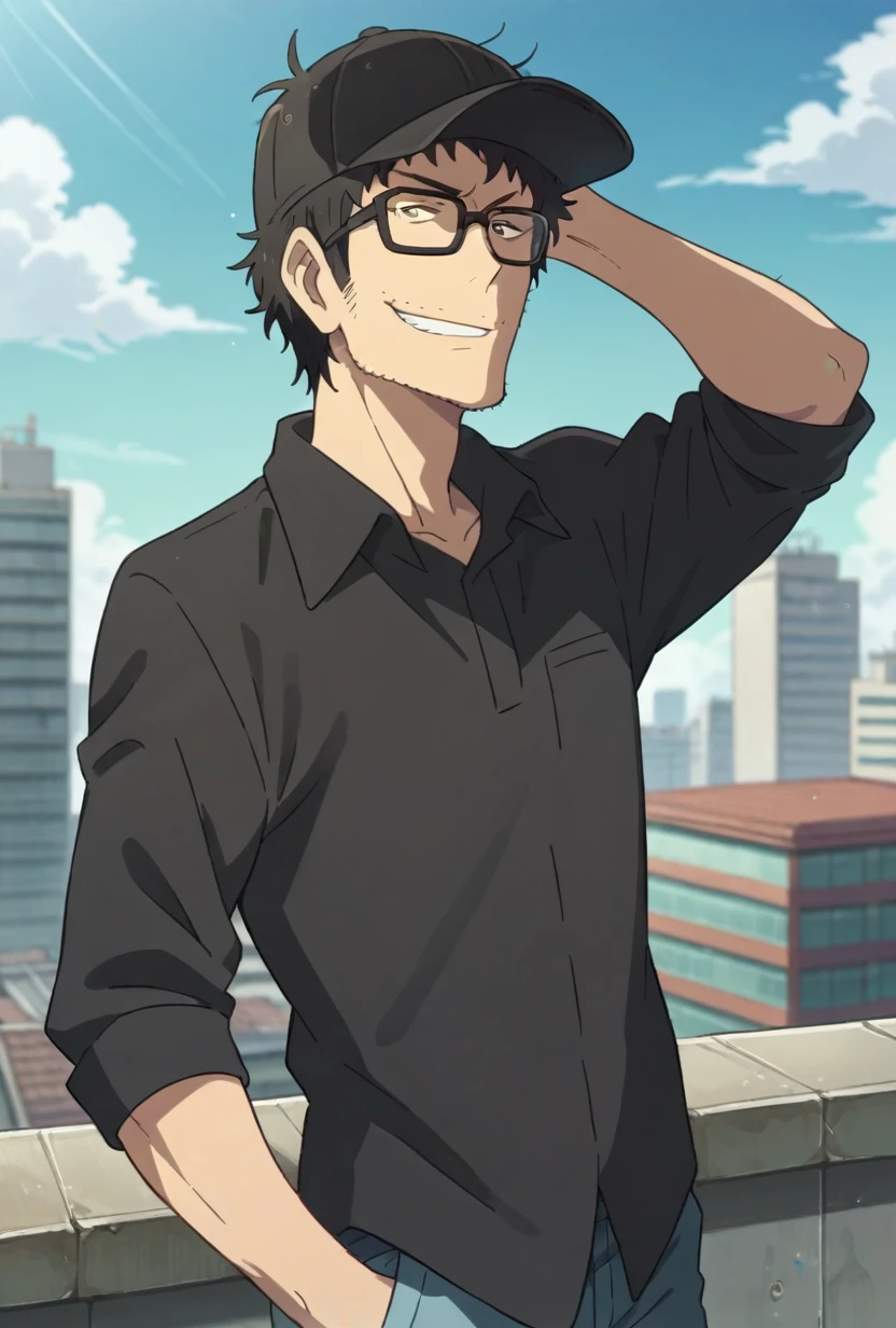 score_9, score_8_up, keisuke suga, 1boy, solo, black hair, messy hair, brown eyes, stubble, black baseball cap, glasses, black shirt, cowboy shot, smirk, roof, outdoors, city, looking at viewer