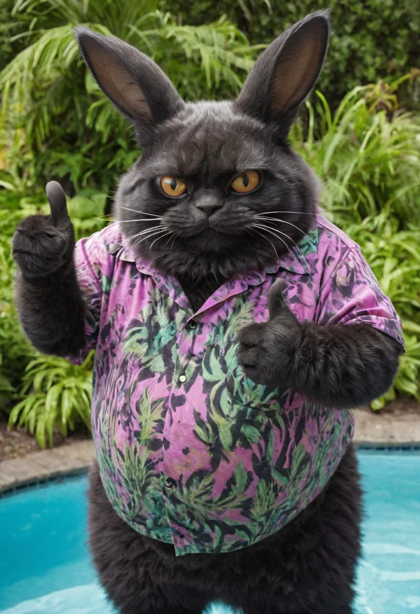 Big lebowsky film Style photography, Closeup, thumb-up, a fluffy obese black Cheshire Cat in vibrant colorful hawaiian shirt wearing a hr giger inspired bunny-mask, glasses, smokey Haze, cool, flamboyant, Pool and 70s Garden in background, thumb up pose,
very detailed, hd, RAW photograph, masterpiece, top quality, best quality, official art,highest detailed, atmospheric lighting, cinematic composition, high quality , (8k, RAW photo, highest quality),