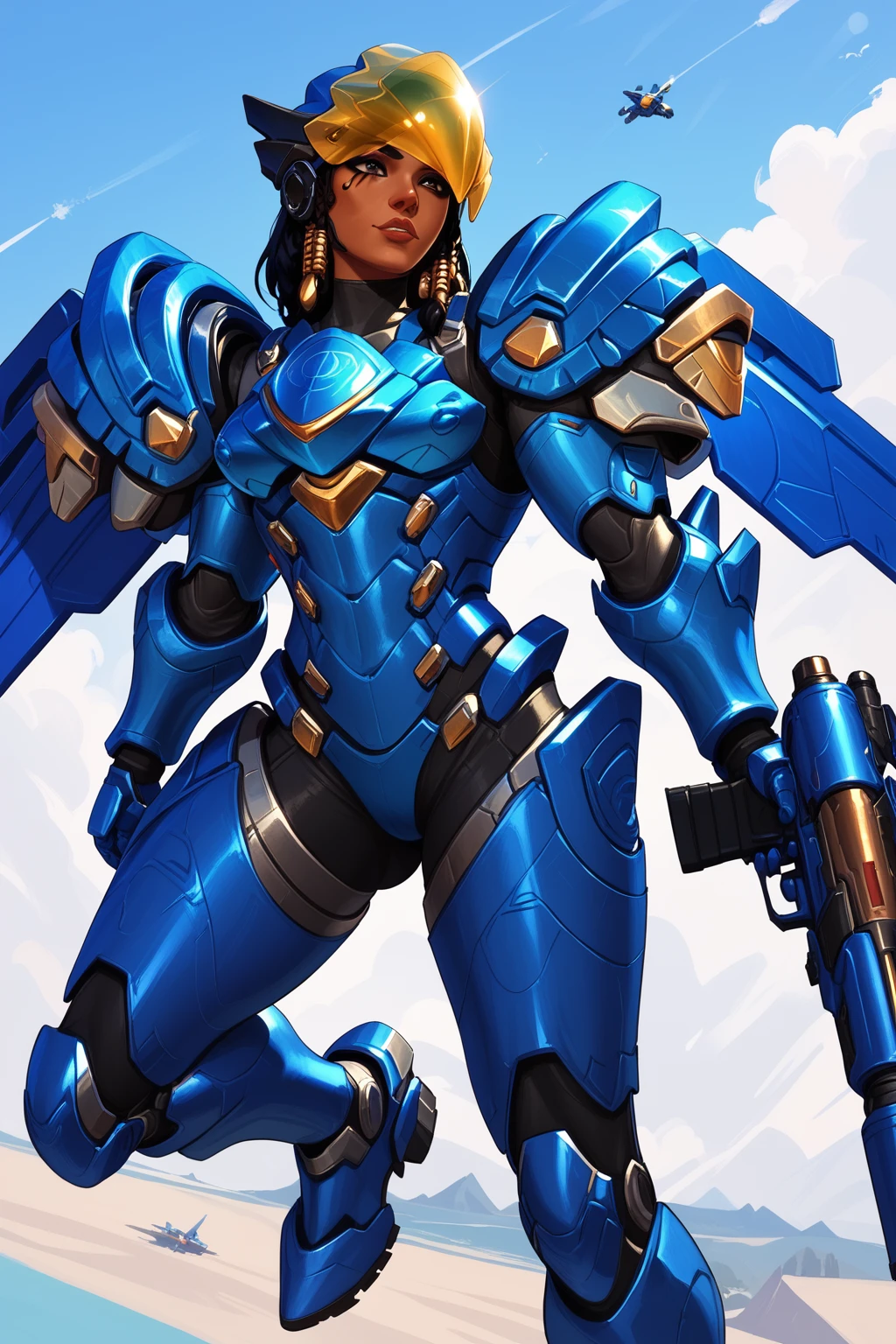 score_9, score_8_up, score_7_up, masterpiece, high quality,
<lora:PharahPonyLora:1> phrah, hair tubes, facial tattoo, side braids, power armor, helmet:1.2, jetpack, thrusters, holding gun, rocket launcher