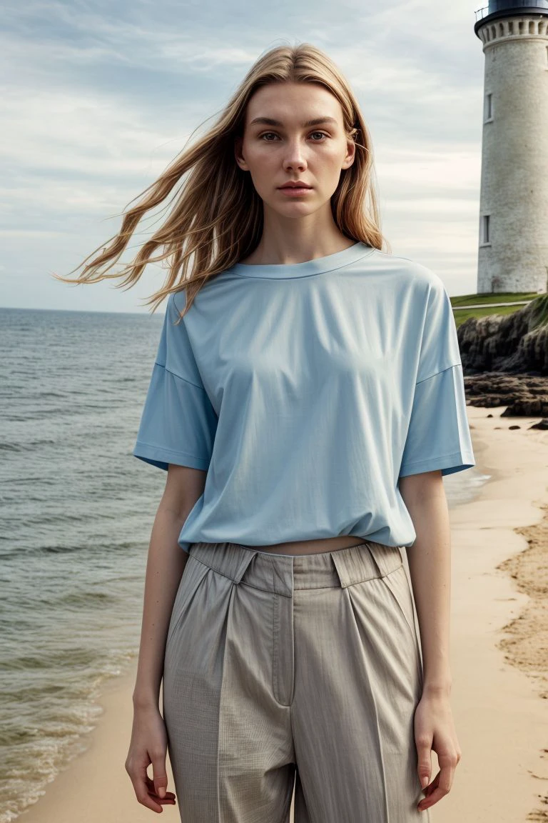 <lora:kawaii7.1.3_obj20:0.75:0.25>, European woman, closeup, sandals, (shirt), pants, (beach lighthouse), ZM_amelia, wide shoulders, perfect face, (contact iris: 1.1), pale skin, skin pores , depth of field