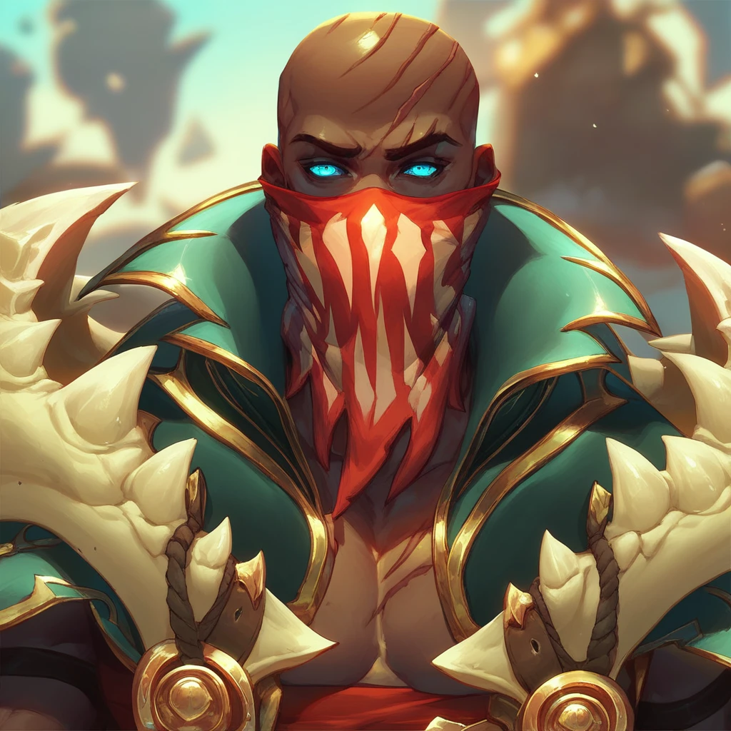 (((beautiful, high quality))), portrait, score_9, score_8_up, score_7_up, 1boy, Pyke, dark skin, blue eyes, bald, scars, red mask with printed teeth, fingerless gloves, cape, bone shoulder pads, belt, pants, boots, Pyke Harpoon, fantasy background, blurred background