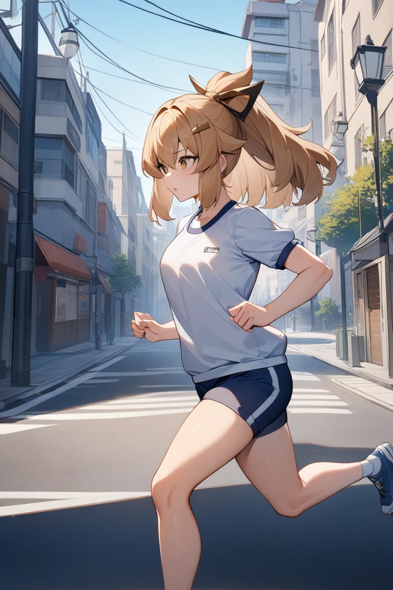 1girl,solo,sofina,<lora:sofina:0.8>,no_gloves,cowboy_shot,street,cityscape,lamppost,power_lines,running,hair ornament,from_side,gym_uniform,, masterpiece, best quality, very aesthetic, absurdres