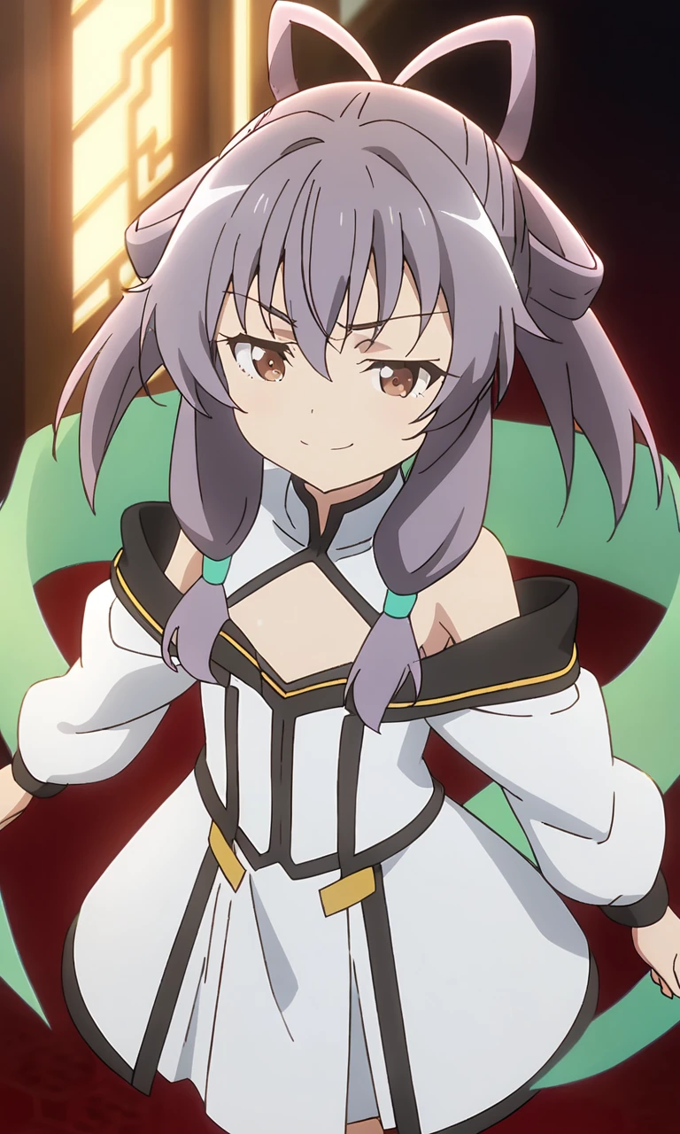 anime artwork illustrating Fan_Xinglou \(Gakusen Toshi Asterisk\), 1girl, brown eyes, short hair, purple hair, smug ,solo, school uniform \(Gakusen Toshi Asterisk\), bare shoulder, green shawl, petite, small breasts,best quality, 8k, masterpiece, animestyle. created by japanese anime studio. highly emotional. best quality, high resolution