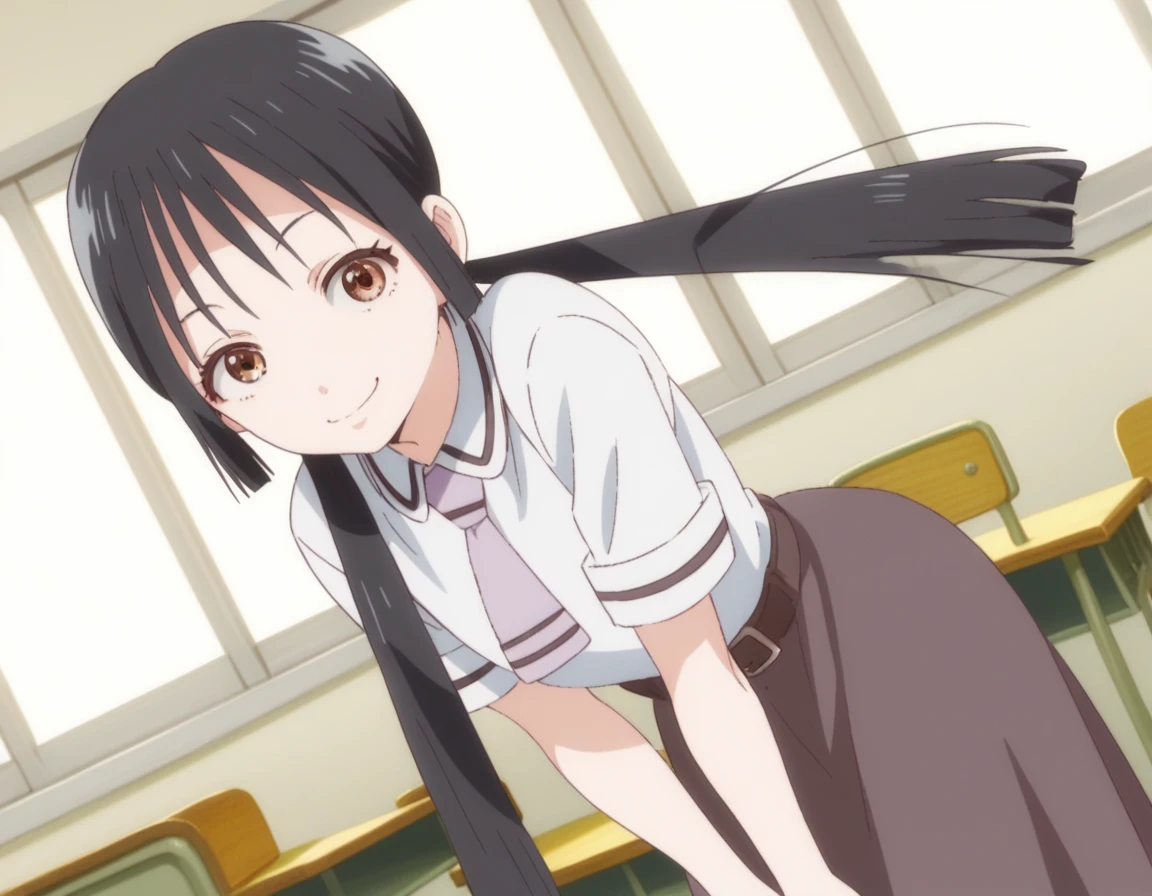 score_9, score_8_up, score_7_up, source_anime,
hanakohonda, <lora:hanako-honda-s1-ponyxl-lora-nochekaiser:1>,
hanako honda, long hair, black hair, twintails, brown eyes, low twintails,
dress, school uniform, necktie, belt,
indoors, classroom, bent over, smile,
looking at viewer, cowboy shot, dutch angle, solo,