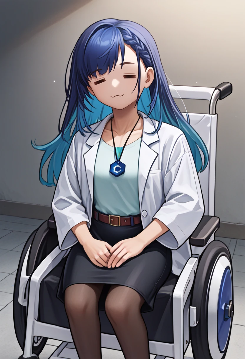 score_9, score_8_up, score_7_up, source_anime, solo, 1girl, civitai-chan, =w=, :3, = =, eyes closed, wheelchair, sitting, braided bangs, labcoat, shirt, shirt tucked in, single vertical stripe, black skirt, pencil skirt, pantyhose, necklace, belt <lora:gijinkaseries_civitai_ponyXL:0.9> <lora:Wheelchair_XLPD:1> <lora:ChamElfExpressionPonyXL:1>
