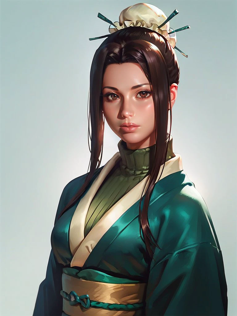 score_9, score_8_up, score_8,wide hips,thin waist,green turtleneck, (hair intakes),green japanese clothes,hair bun,sidebangs,long bangs, eyelashes,brown eyes,<lora:v}_Haku_%0:C:0.9>,1girl, haku, brown hair, sidelocks, very pretty,beautiful, realistic anime, <lora:sinfully_stylish_PONY_0.2:0.51> <lora:Smooth Style 2 SDXL_LoRA_Pony Diffusion V6 XL:0.7>,green polished nails