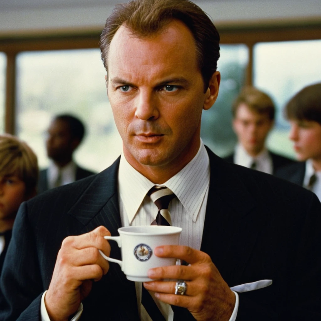 cinematic film still of <lora:detailed:0.4> detailed
<lora:perfection style:0.4> perfect
<lora:PerfectEyesXL:0.3>
 <lora:Jackie Brown 1997 film style:0.9>
Michael Keaton Ray Nicolette a man in a suit and tie is holding a cup,short hair,blonde hair,brown hair,shirt,long sleeves,holding,closed mouth,jacket,white shirt,upper body,male focus,multiple boys,necktie,striped,collared shirt,indoors,2boys,blurry,cup,black jacket,depth of field,formal,suit,holding cup,black necktie,reflection,watch,mirror,realistic,wristwatch,striped necktie,black suit ,  Jackie Brown 1997 film style, shallow depth of field, vignette, highly detailed, high budget, bokeh, cinemascope, moody, epic, gorgeous, film grain, grainy