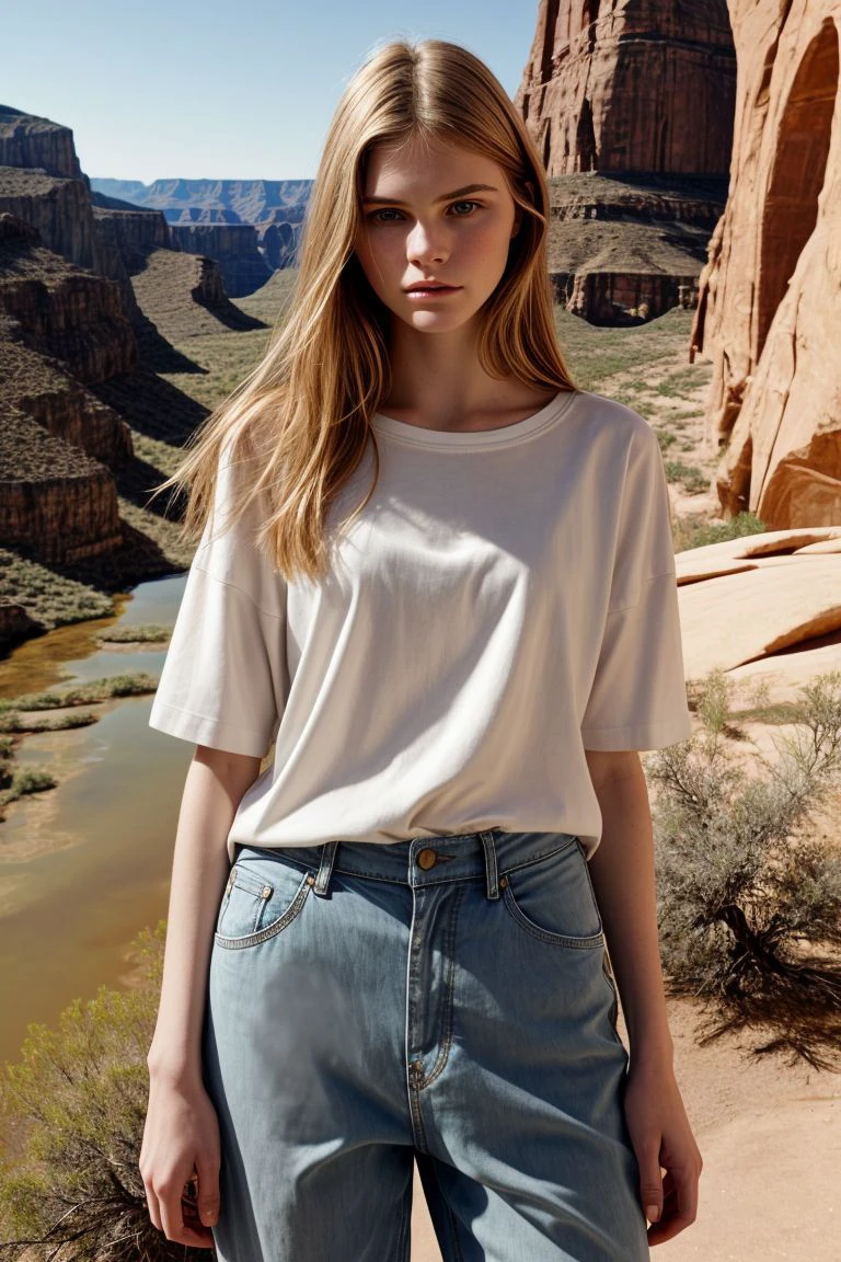 <lora:kawaii7.1.3_obj20:0.75:0.25>, European woman, closeup, sandals, (shirt), pants, (big bend national park), ZM_paraskevi, wide shoulders, perfect face, (contact iris: 1.1), pale skin, skin pores , depth of field