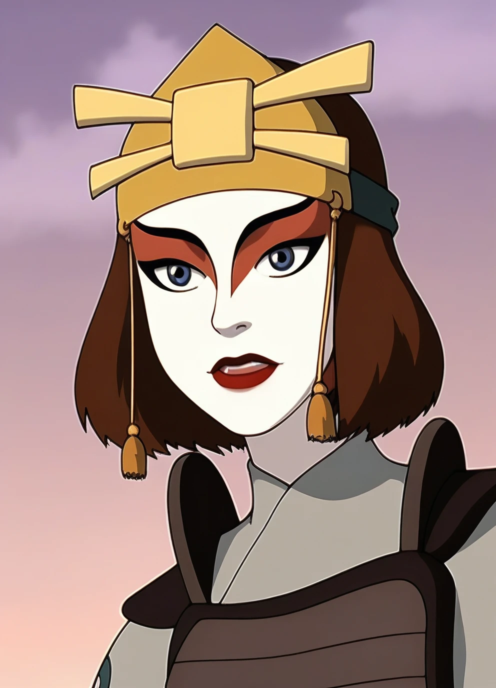 score_9, score_8_up, score_7_up,1girl,sukiXL,brown hair,blue eyes,short hair,detailed face,white makeup,lipstick,headband,masterpiece,best quality,wearing a japanese armor, <lora:sukiXL:1>