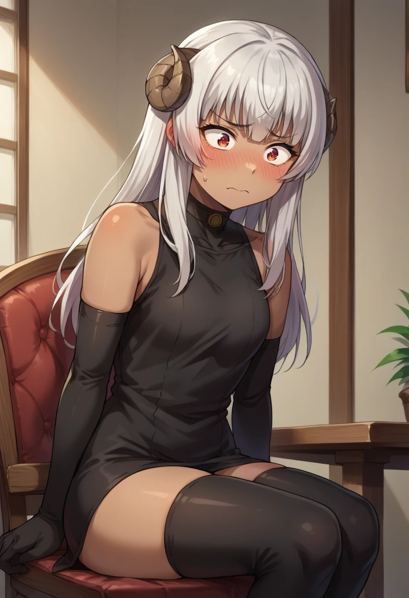 score_9, score_8_up, source_anime, Felm, long hair, dark skin, choker, black bodysuit, short dress, sleeveless, elbow gloves, black gloves, black thighhighs, sitting, on chair, indoors, shy, earblush, embarrassed, <lora:ChamFelmPonyXL-000007:1>