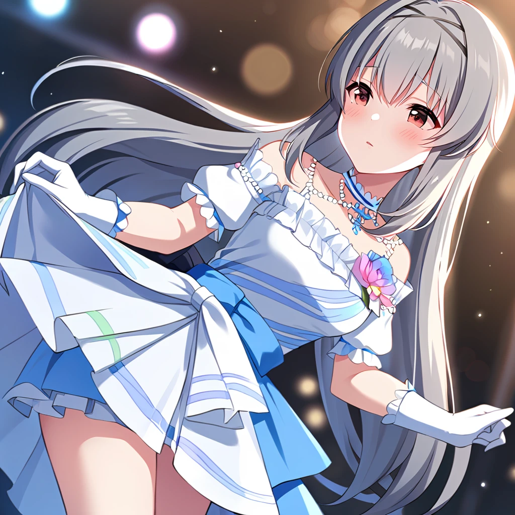 [high quality, best quality],[cinematic],1girl,tendorui,ti dress,1girl,ti gloves,on stage,depth of field,bokeh,bloom,hdr,blush,cinematic_angle,outdoor,<lora:tendoruiv2:0.75>,hair_grab,