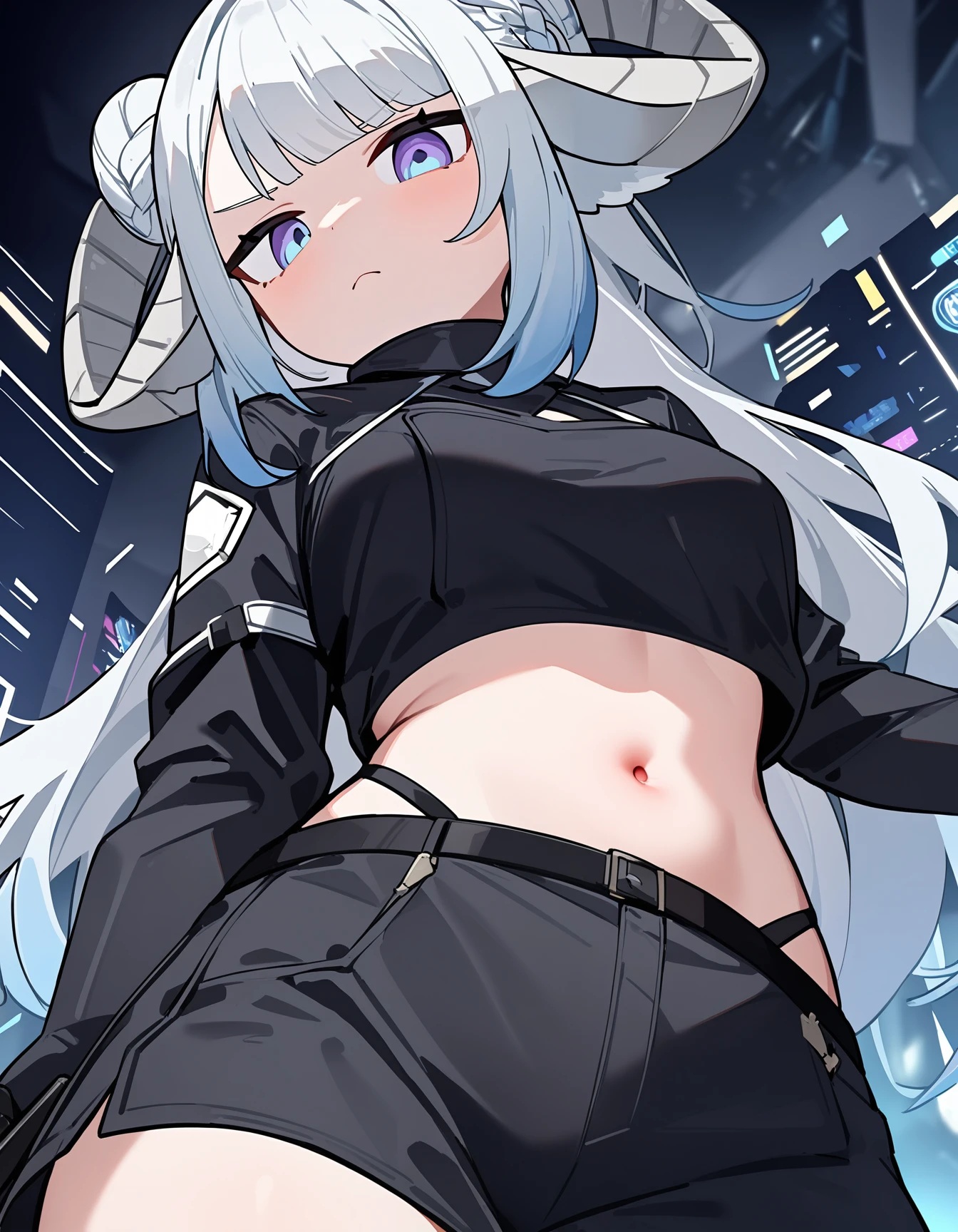 1girl, (MinaiAruma:1), (holding gun:1.1), 
jitome, annoyed, looking at viewer, 
alternate costume, cyberpunk costume, black clothes, midriff, (navel:1), 
cowboy shot, highly detailed background, dutch angle, from below, sfw, 
<lora:MinaiArumaXL_animagine3:1>, masterpiece, newest, absurdres
