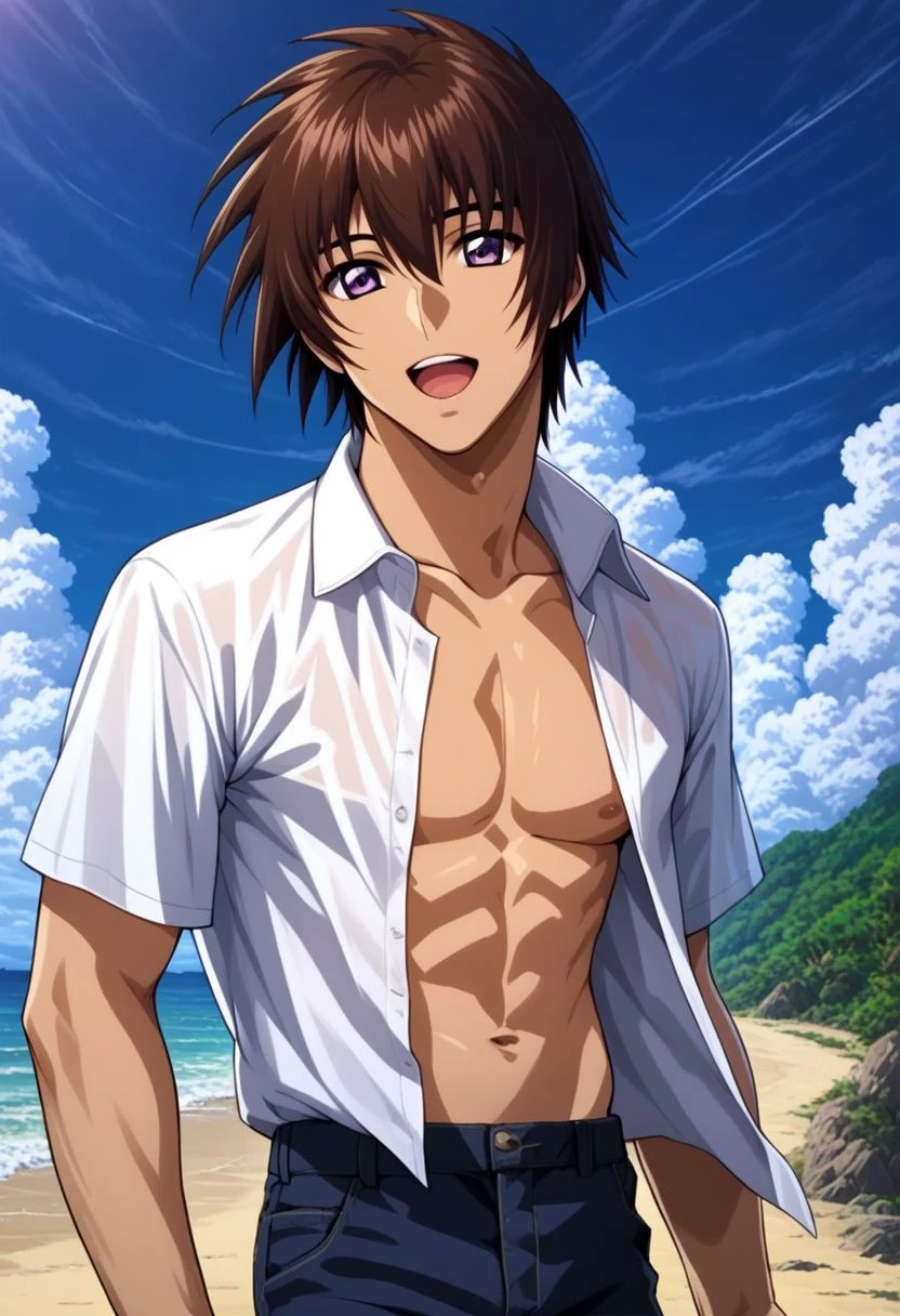 ASCIIscore_9, score_8_up, score_7_up, score_6_up,
source_anime, 
kira_yamato, hair parting left, open white shirt, 1boy, solo, detailed eyes, light purple eyes, looking at the viewer, (narrow waist: 1.2),
playing, open mouth, having fun, upper body portrait,
scenery, beach summer,
masterpiece, best quality, very aesthetic, absurdres,