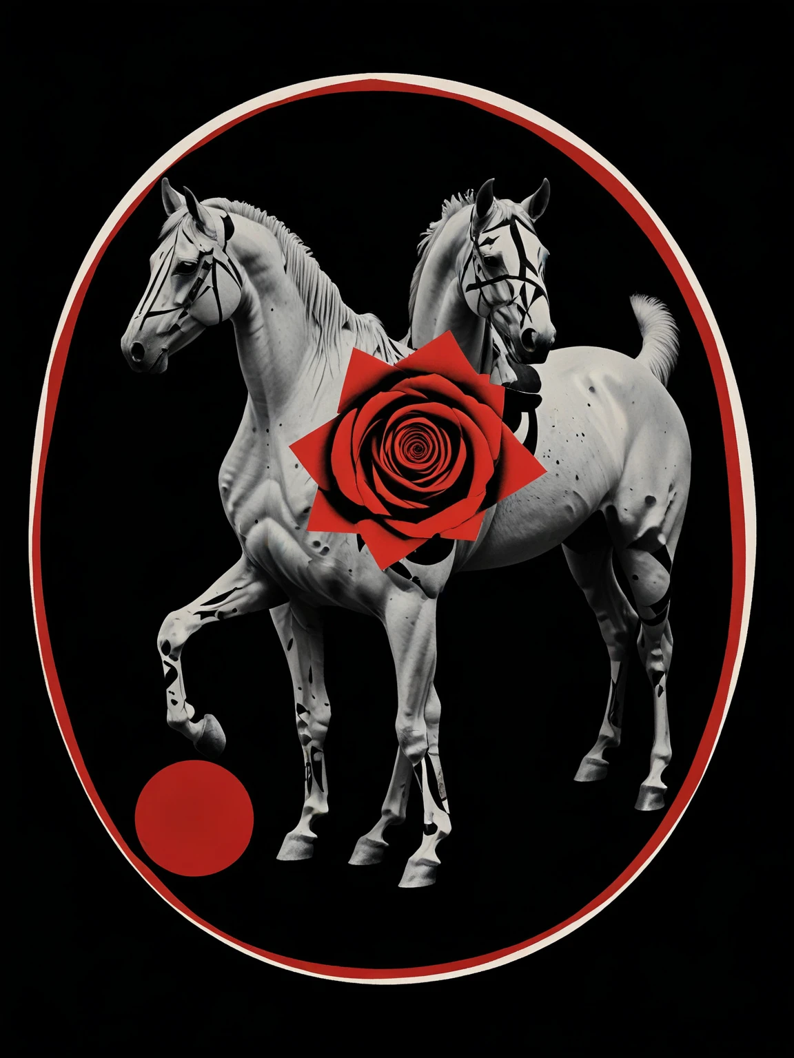 b&w photo, horse, Macabre, Golden-ratio geometry, inspired by Francis Picabia,Sophie Taeuber-Arp,Hugo Ball, outsider-art,collage,geometric, Quinacridone-Rose-Deep,Quinacridone-Red,Zinc-White,Cadmium-Barium-Turquoise-Medium,Permanent-Rose, <lora:DeconDada2:1.2>