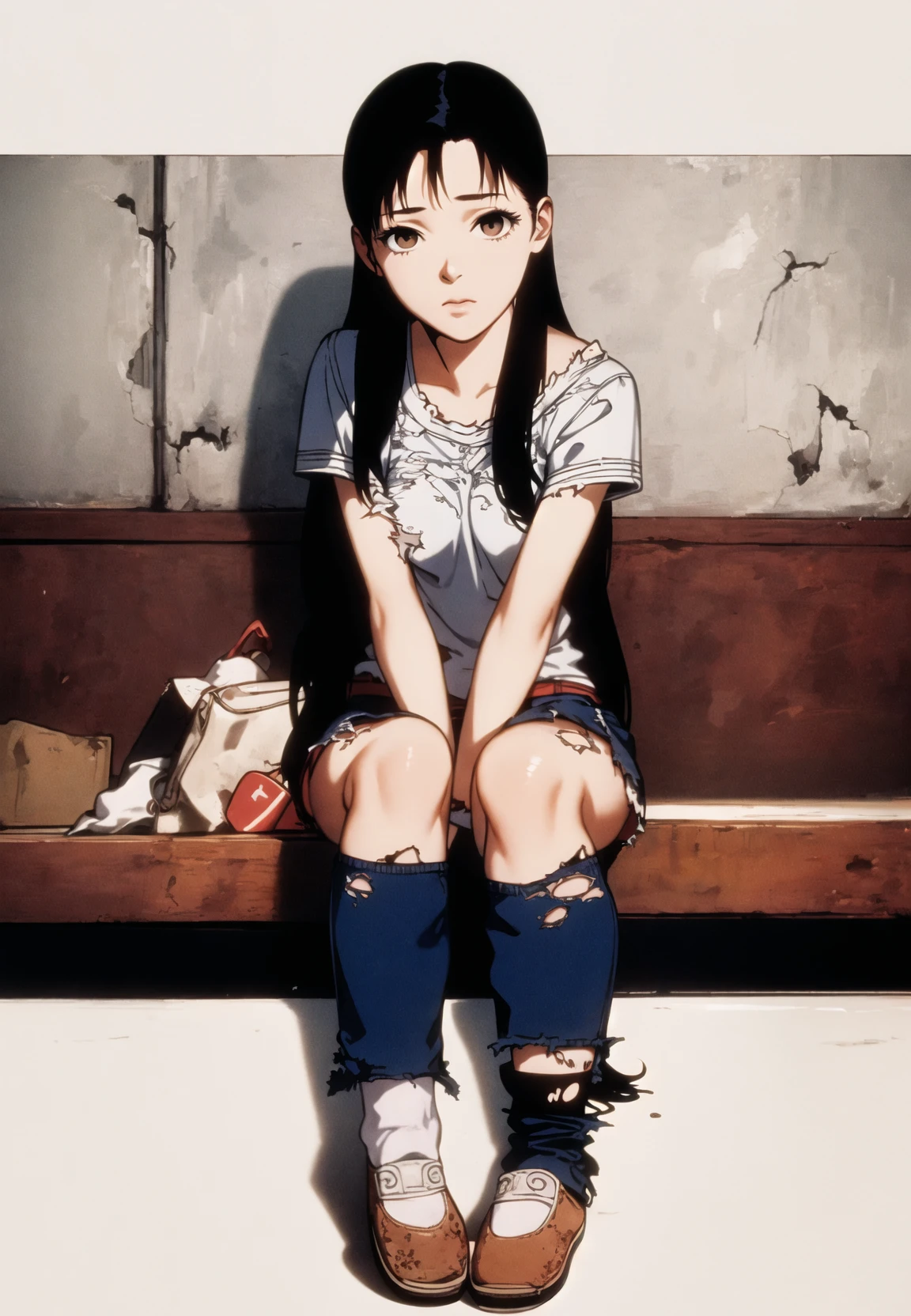 mima kirigoe, perfect blue, 1girl, solo, very long hair, torn clothes, torn legwear, 1990s \(style\), full body, sitting