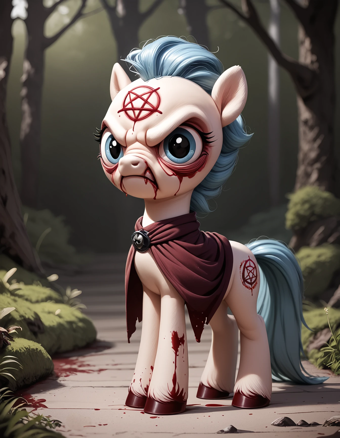 score_9, score_8_up, score_7_up, score_6_up, score_5_up, score_4_up,  
moodymisfits, creepy doll,(cute pony:1.35),full body, angry, blood on face, forest,(side view:1.05),looking at the viewer, night,pentagram, fantasy, magic, detailed background, 


 