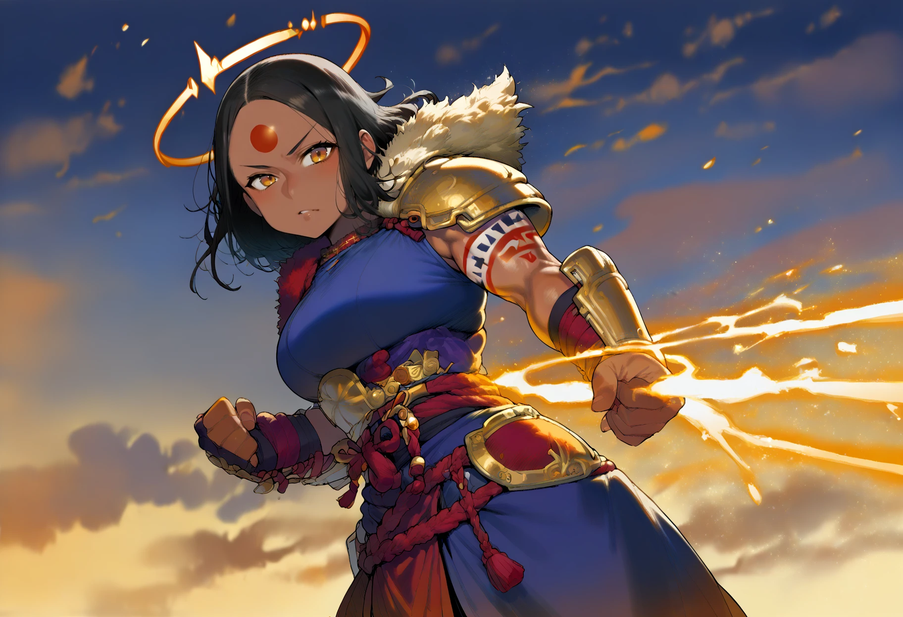 score_9, score_8_up, score_7_up, source_anime, glowing gold round forehead mark, energy aura, 1girl, dark-skinned female, tattoos, muscular female, halo, looking at viewer, robes, armor, fighting stance