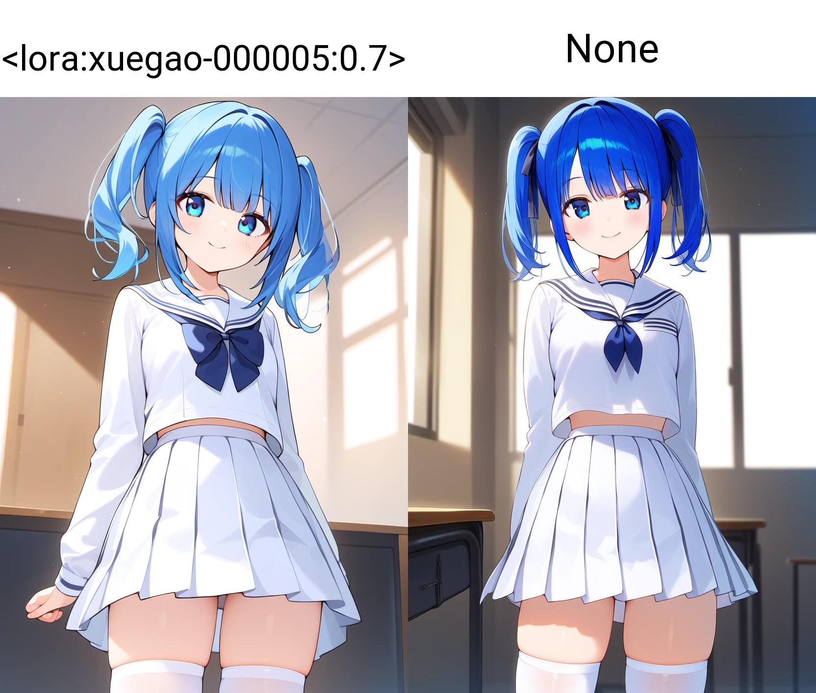 1girl, solo, blue eyes, blue hair, white school uniform, white skirt, pleated skirt, white thighhighs, twintails, bangs, smile, closed mouth, looking at viewer, indoors, standing, upper body <lora:xuegao-000005:0.7>
