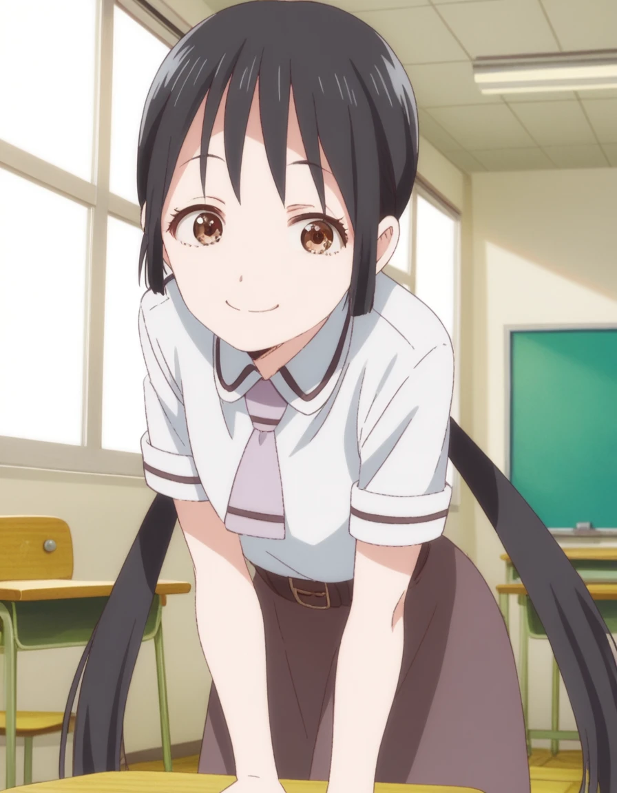 score_9, score_8_up, score_7_up, source_anime,
hanakohonda, <lora:hanako-honda-s1-ponyxl-lora-nochekaiser:1>,
hanako honda, long hair, black hair, twintails, brown eyes, low twintails,
dress, school uniform, necktie, belt,
indoors, classroom, bent over, smile,
looking at viewer, cowboy shot, dutch angle, solo,