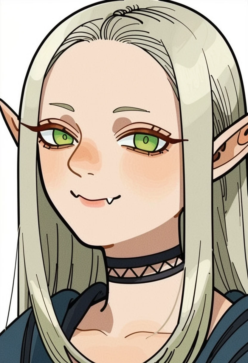 score_9_up score_8_up score_7_up, elf, portrait, 1girl, solo, long hair, white background, simple background, looking at viewer, choker, green eyes, grey hair, closed mouth, smile, fang, black choker
<lora:dungeon_meshi_races_pony7_d16:1>