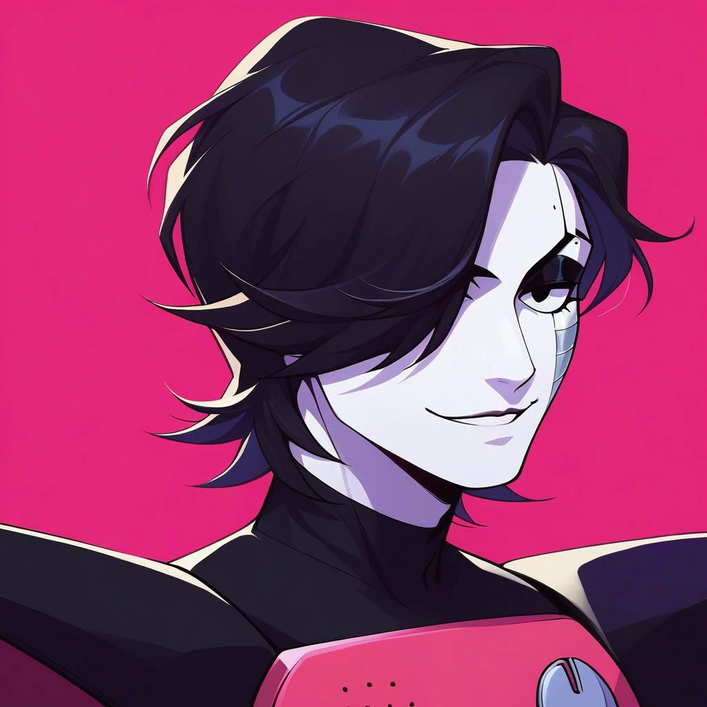 score_9, score_8_up, score_7_up, source_anime, solo, 1boy, sexy boy, Mettaton, robot boy, black hair, hair covering left eye, black eyes, makeup, white skin, pink chest piece, black shoulder pads, black eyeshadow, smirk, stylish, dynamic sexy pose, portrait, close up, headshot, standing, looking at viewer, standing, BREAK, Hot pink background