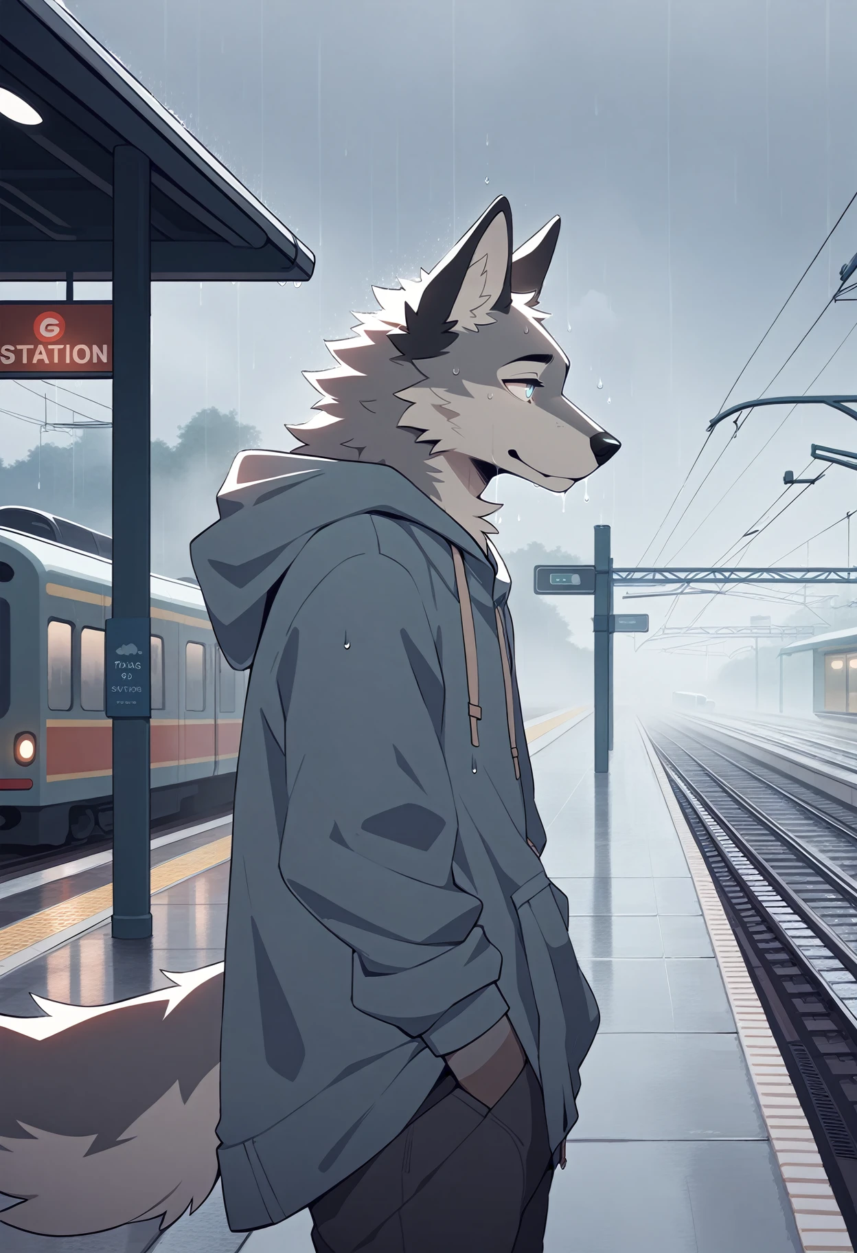 canid, wolf, flat color,
anthro, solo, male, baggy clothing, gentle, bright eyes,
waterdrop, grey sky, raining, fog,
outside, train station, best quality, masterpiece