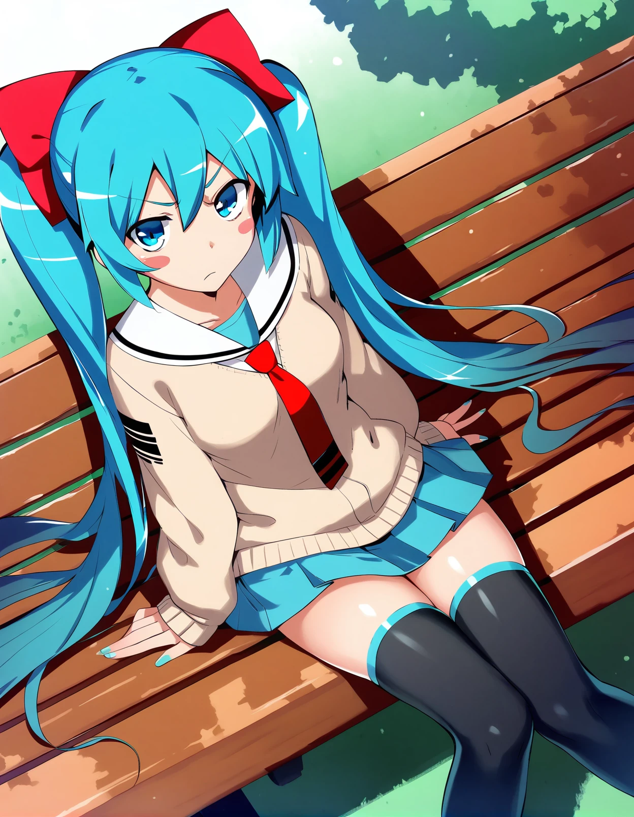 score_9,score_8_up,score_7_up,score_6_up,1girl ,sitting, park bench, dutch angle, blush stickers, light frown , cardigan, serafuku, (red bow:1.1), (hair bow:1.1), necktie, thighhighs, twintails, (hatsune miku:0.8), pleated skirt,  <lora:namonashi_style_pony6_v3-000038:1>namonstyl, looking at viewer,