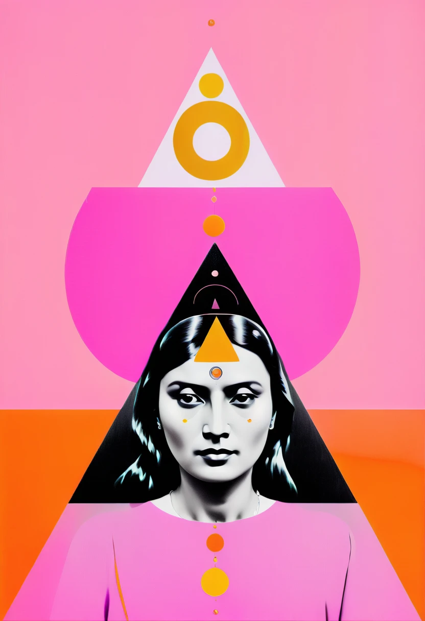 a woman with a triangle and a crescent above her head and a pink background with orange circles