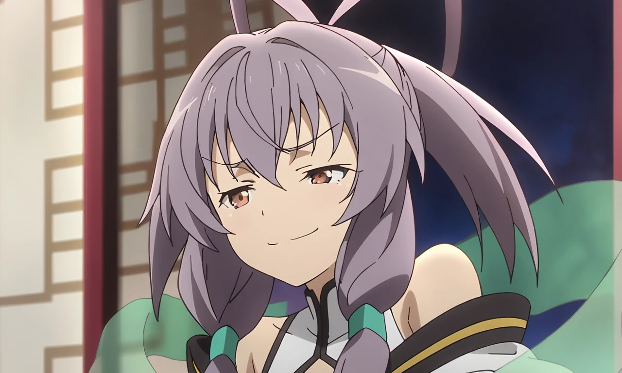 anime artwork illustrating Fan_Xinglou \(Gakusen Toshi Asterisk\), 1girl, brown eyes, short hair, purple hair, smug ,solo, school uniform \(Gakusen Toshi Asterisk\), bare shoulder, green shawl, petite, small breasts,best quality, 8k, masterpiece, animestye. created by japanese anime studio. highly emotional. best quality, high resolution