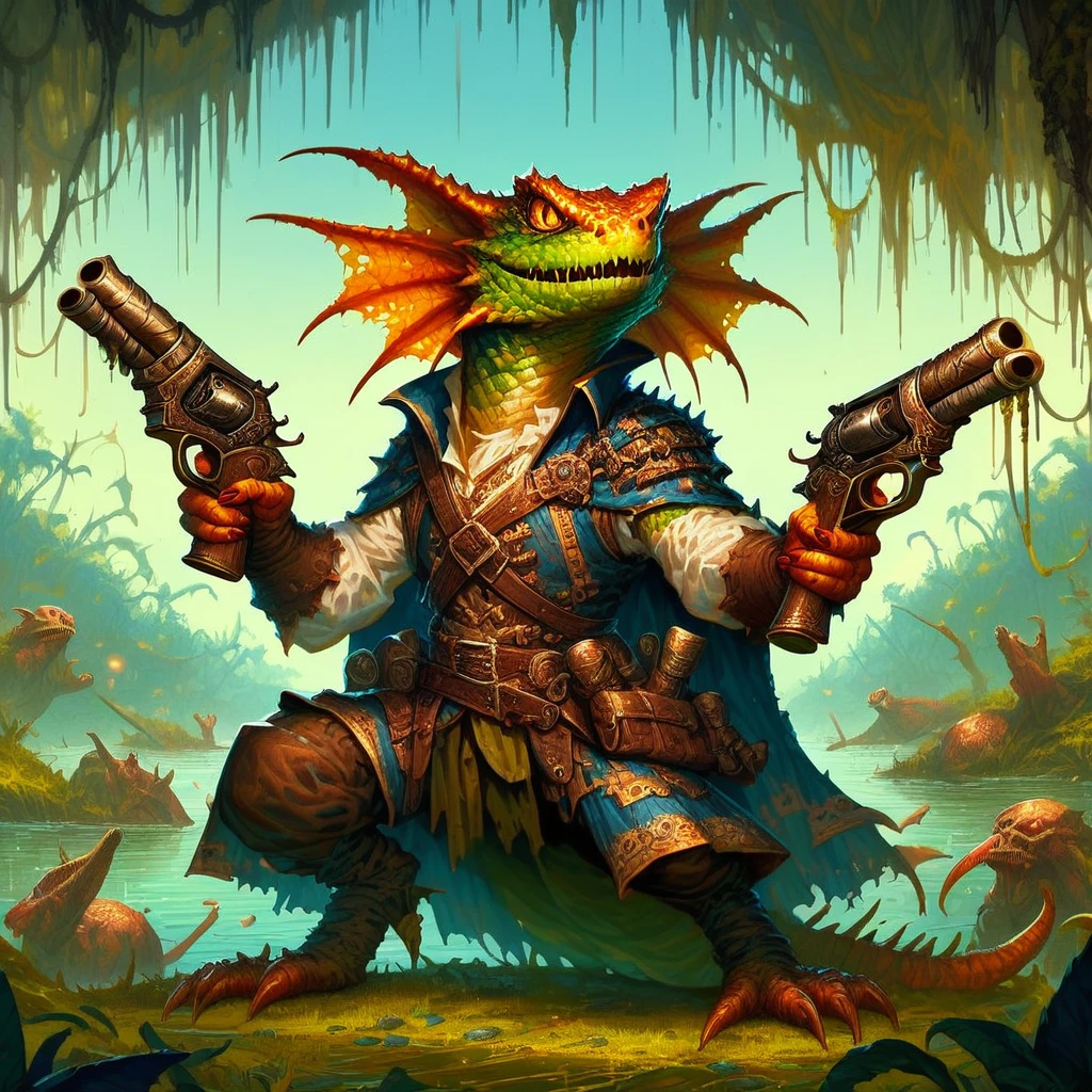 score_9, score_8_up, score_7_up, 1character lizardfolk pirate, holding a pistol, detailed swamp background, 