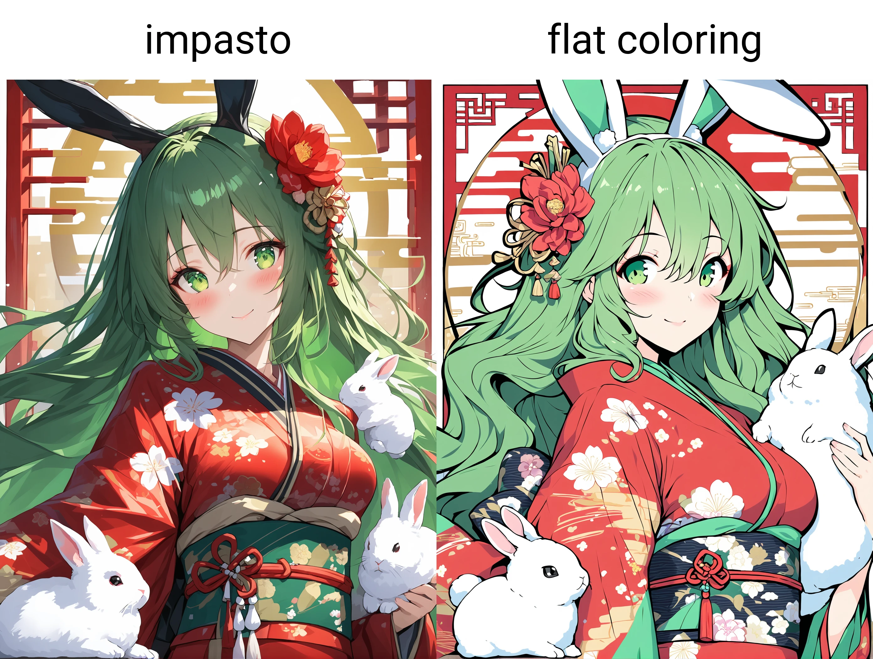 masterpiece,impasto,1girl, kimono, japanese clothes, green hair, solo, green eyes, red kimono, animal ears, snow rabbit, smile, closed mouth, long hair, looking at viewer, wide sleeves, rabbit ears, sash, year of the rabbit, obi, hair ornament, floral print, blush, long sleeves, flower, hair between eyes, print kimono, red flower, fake animal ears, hair flower, rabbit, chinese zodiac, holding, white background, breasts, egasumi
