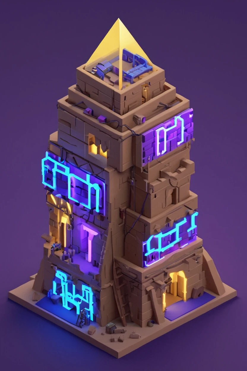 ((masterpiece, best quality)), high resolution, highly detailed,  realistic, BREAK,  IsometricNeon, neon, no humans, building, purple background, logo, blue theme,  <lora:IsometricNeonXL:0.7>,  IsometricDesert, brown background, vase, night, glowing, yellow background, 3d, three pyramids, ladder,   <lora:IsometricDesertXL:0.7>,