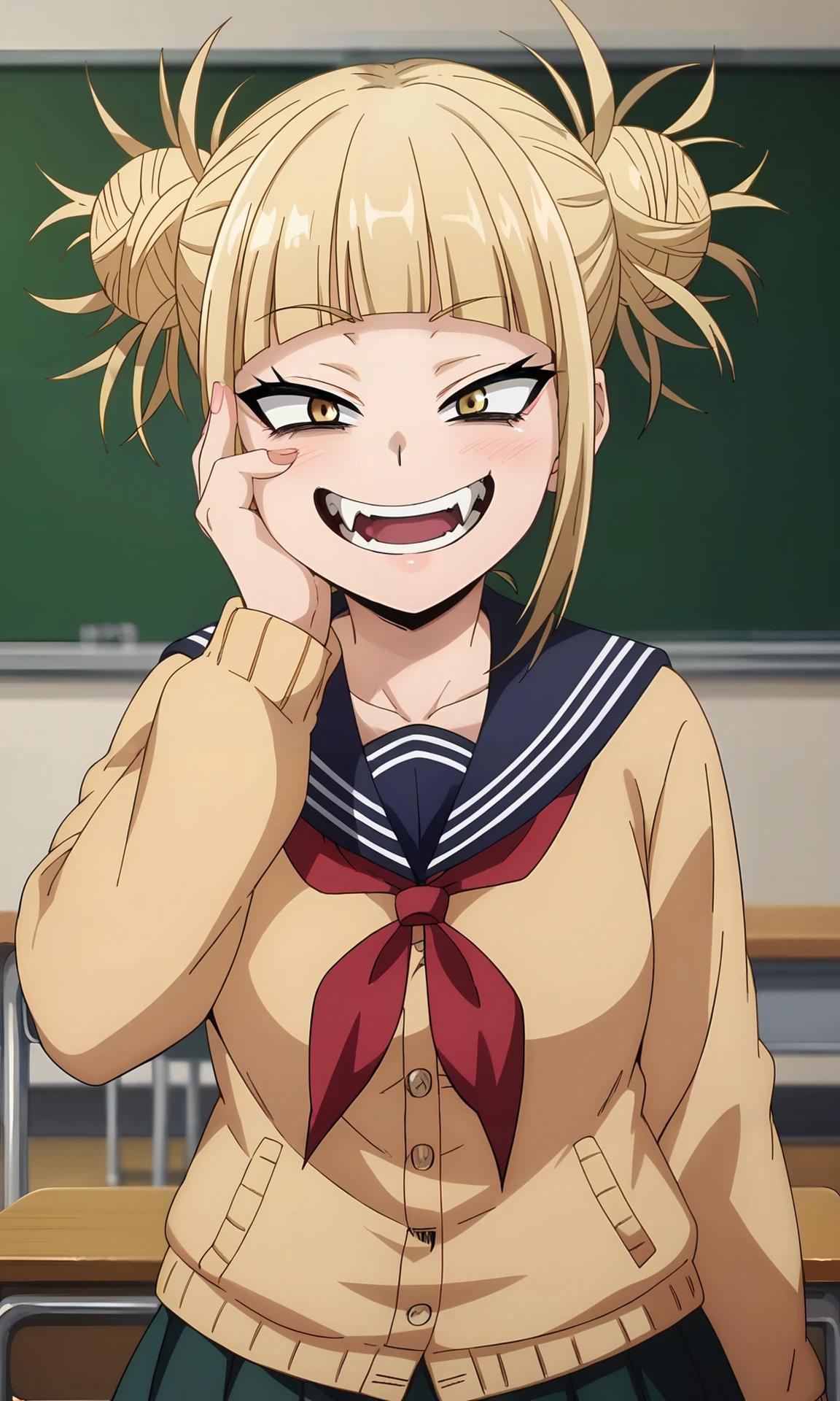score_9, score_8_up, score_7_up, solo, source_anime, <lora:sd_xl_dpo_lora_v1:0.9>, <lora:Fine_Anime_Screencap-PonyV2:1> fine anime screencap_xl, anime anime screencap, 1girl, toga himiko, boku no hero academia, classroom, hand on own cheek, crazy smile, fangs out, looking at viewer, school uniform, serafuku, pleated skirt, cardigan, eye reflection