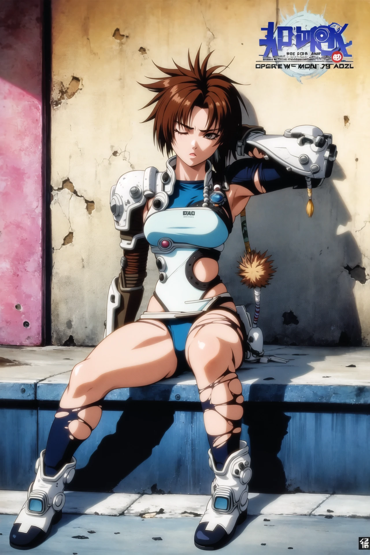 iria \(iria zeiram the animation\), iria zeiram the animation, 1girl, solo, torn clothes, torn legwear, 1990s \(style\), full body, sitting, short hair, bangs, brown hair