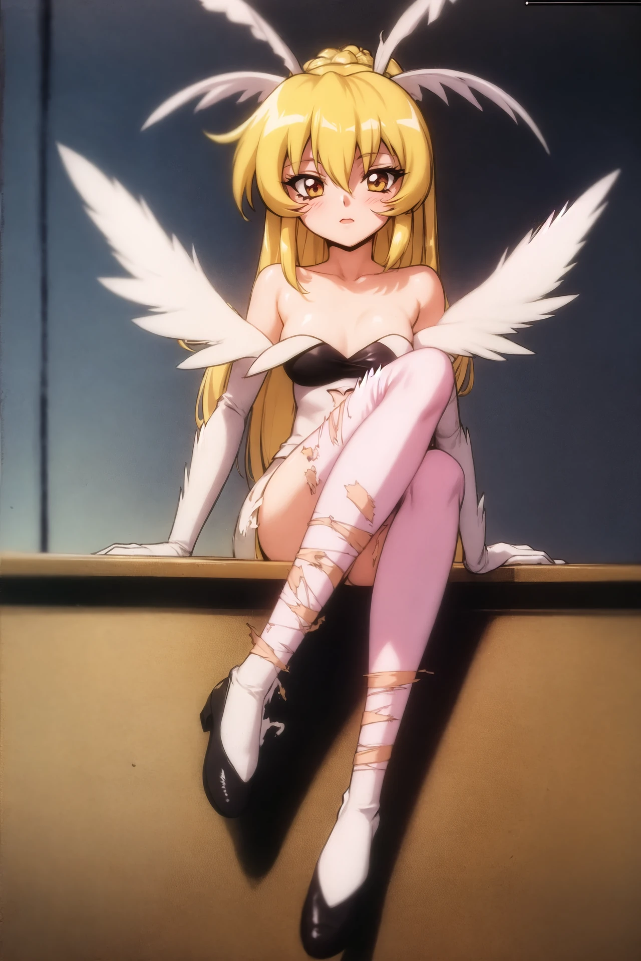 pixy misa, mahou shoujo pretty sammy, 1girl, solo, torn clothes, torn legwear, 1990s \(style\), full body, sitting