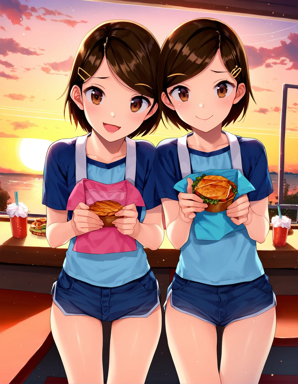 score_9,score_8_up,score_7_up,score_6_up, rating_safe ,in a restaurant,  2girls, twins, , short hair, hairclip, brown hair, swept bangs, sunset, from above,  BREAK skirt, dress,nervous smile  BREAK shorts, smile, laughing
 <lora:minasuki_popuri_style_pony6_v1-000036:1>