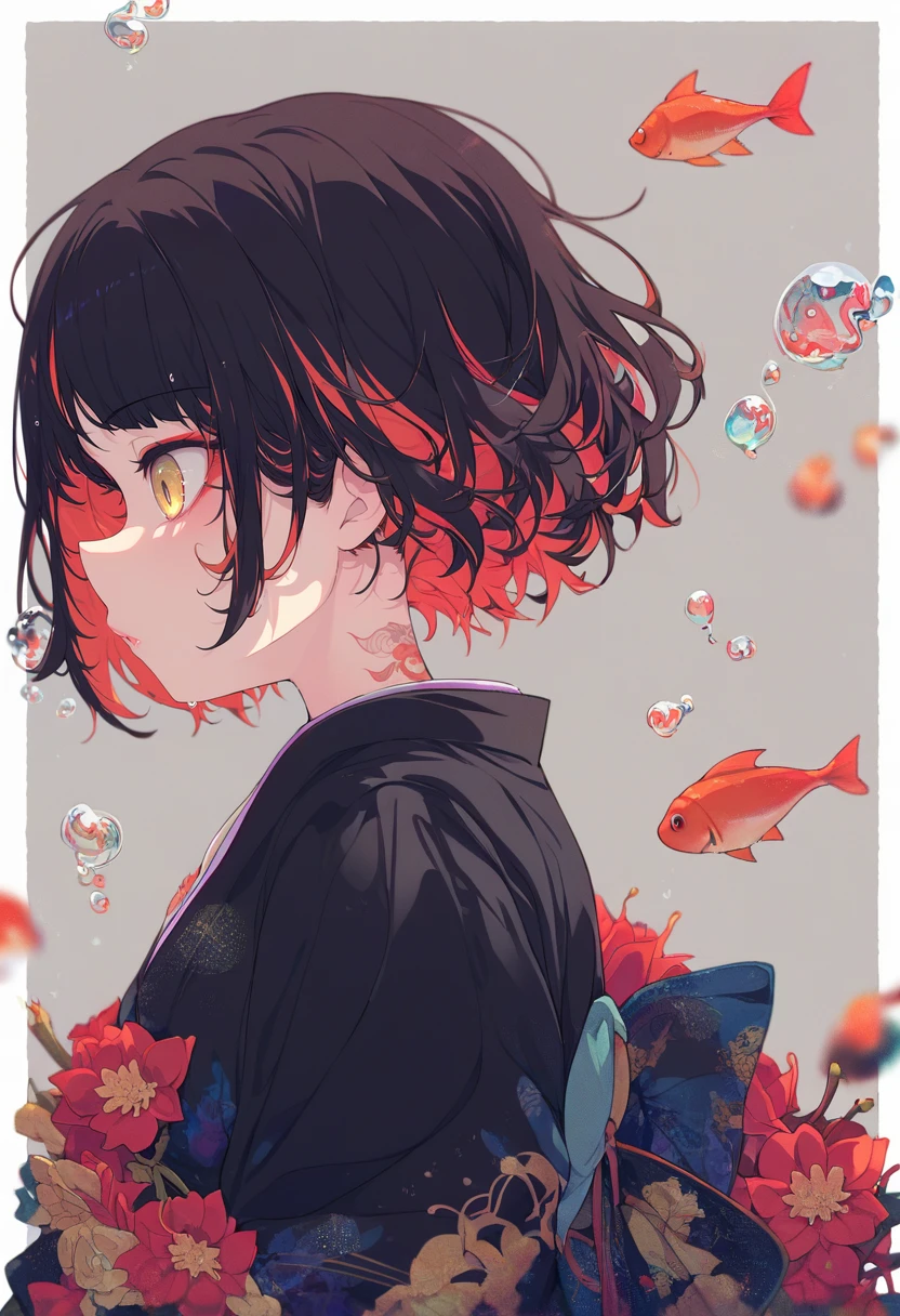 score_9, score_8_up, score_7_up, score_6_up, <lora:ogipoteXL_P6_lokr_V42310:0.95> 1girl, fish, goldfish, black hair, bubble, yellow eyes, solo, makeup, multicolored hair, short hair, japanese clothes, from side, kimono, eyeshadow, koi, red hair, flower, profile, black kimono, streaked hair, upper body, parted lips, air bubble, tattoo, grey background, simple background, red flower, eyeliner, white border