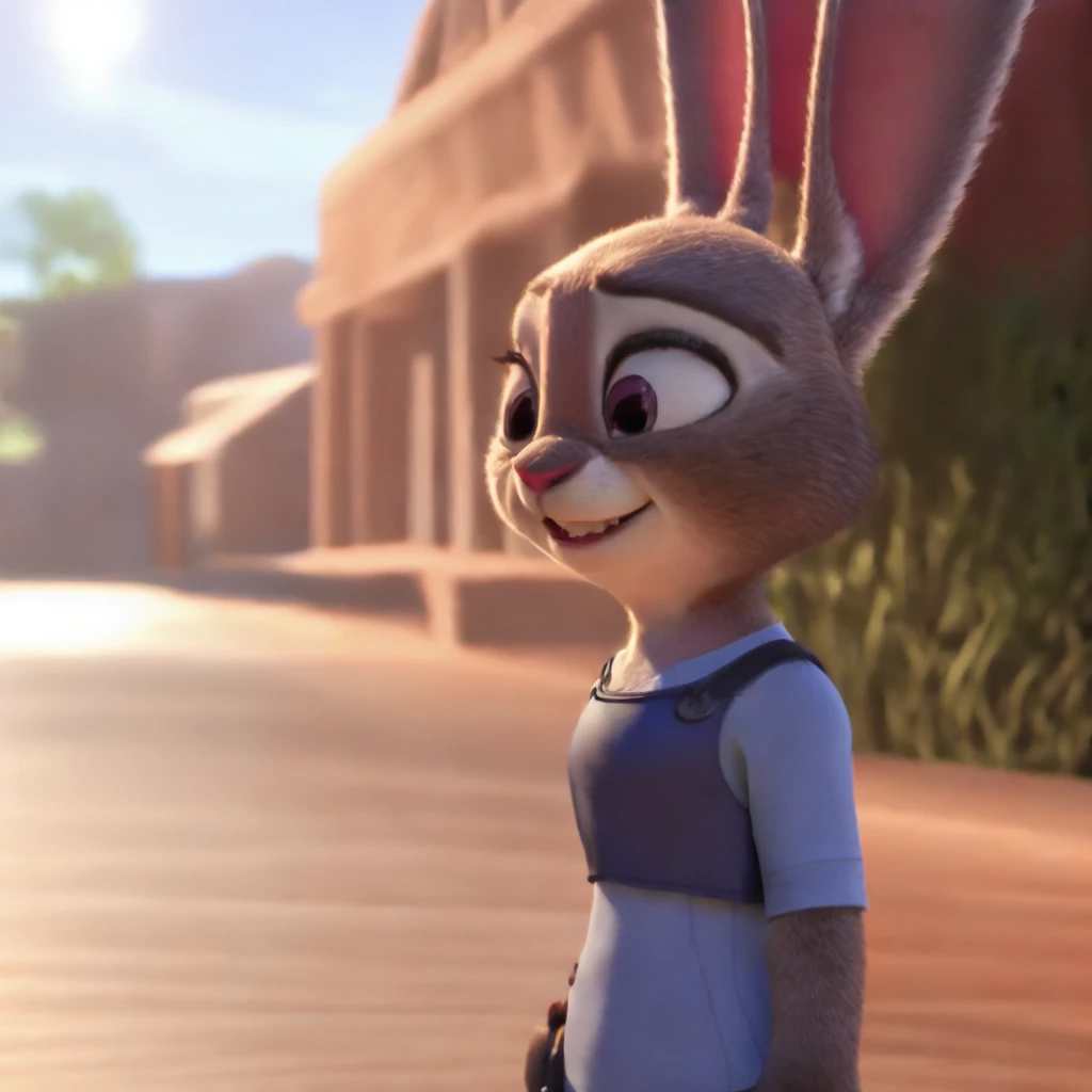 zootopia, furry, shirt, smile, furry female, buck teeth, looking at viewer, outdoors, animal ears, rabbit ears, day, blue shirt, 4k, HDR, high quality, <lora:Zootopia_Style_SD1.5:1.0>