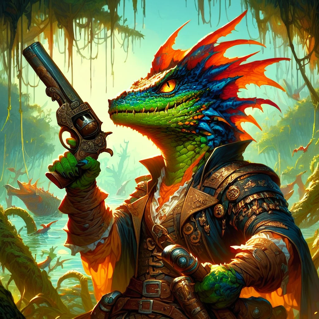 score_9, score_8_up, score_7_up, 1character lizardfolk pirate, holding a pistol, detailed swamp background, 