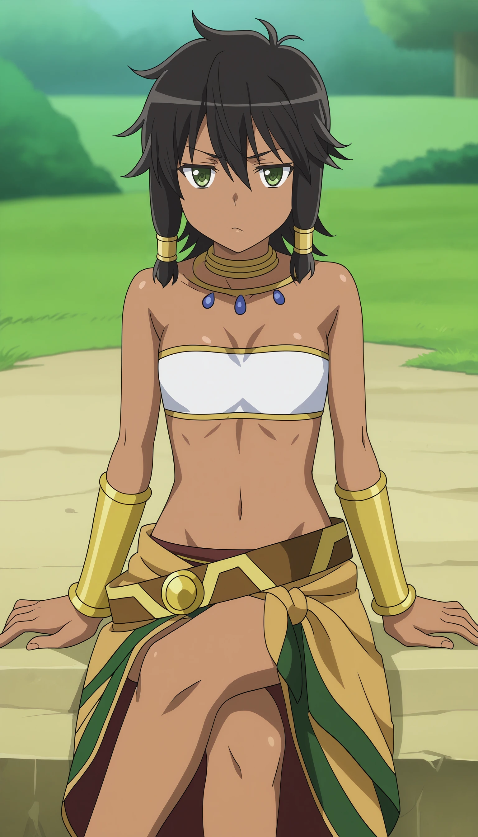 outdoors,nature,
<lora:TionaXL:0.7>,tionasdxl, hair tubes, dark-skinned female, 1girl,solo, neck ring, black hair, bracer, bandeau, short hair, belt, bare shoulders, skirt, looking at viewer, small breasts, green eyes,sitting,bored,jitome,leaning back,long skirt, navel, crossed legs,
<lora:Anime_Screencap:1>,anime screencap, anime coloring,