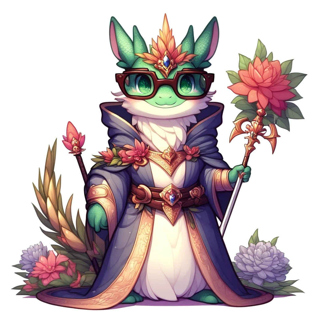 holding sword, crown, flower, scales, simple background, glasses, dragon