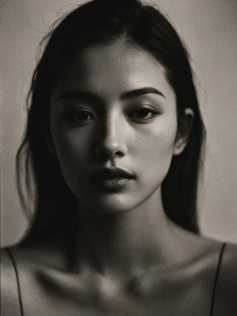 sally harland studio portraits 201314 – portrait of a beautiful japanese female, naked, long curly hair, freckles, in the style of patrick demarchelier, stark black-and-white photography, alena aenami, panasonic lumix s pro 50mm f/1.4, ray collins, chromatic intensity, soft-focused realism, nsfw