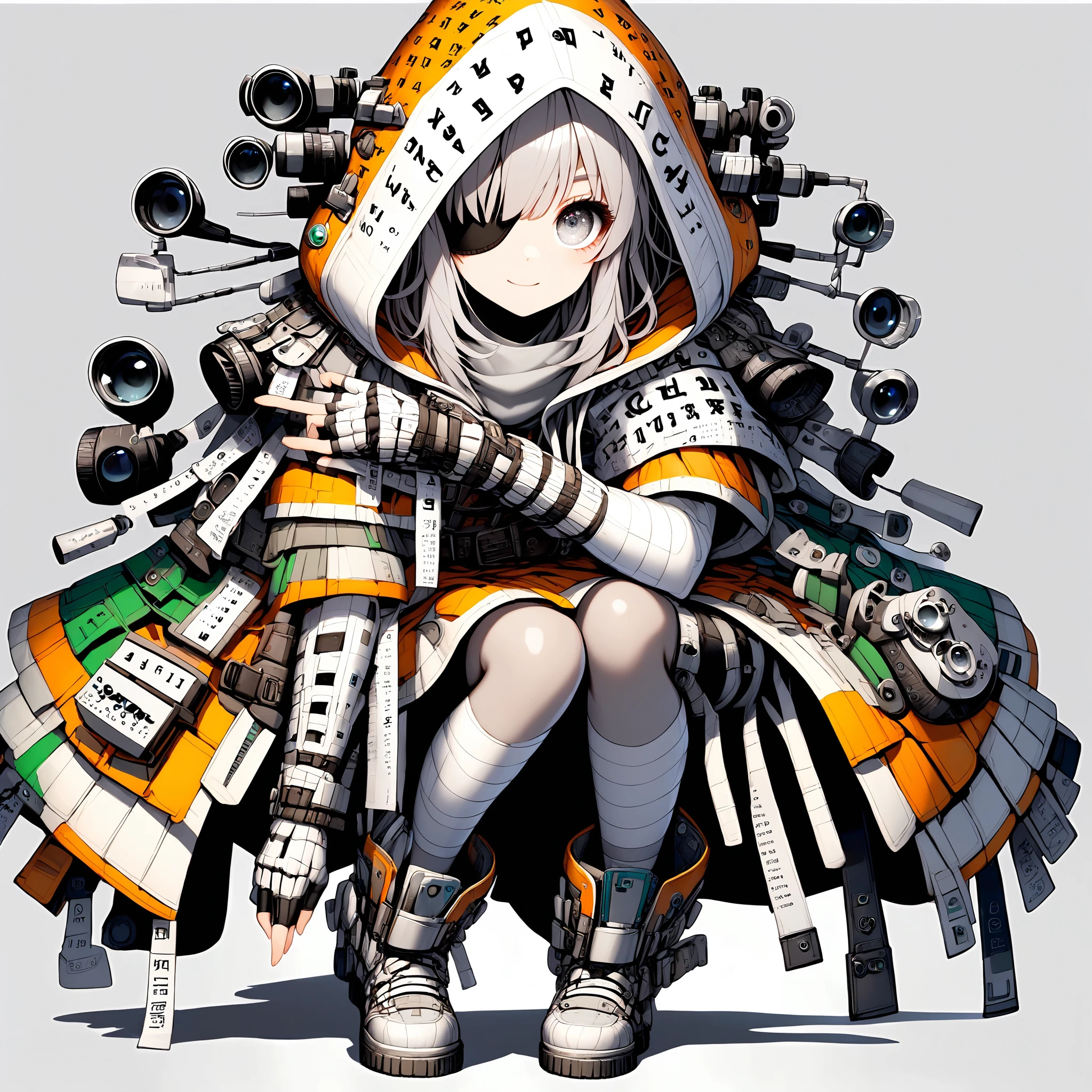 <lora:shiryokukensa_xl_v1:1.25>, shiryokukensa, 1girl, solo, (light grey eyes:1.5), (light grey skin:1.5), fingerless gloves, gloves, white background, looking at viewer, closed mouth, full body, white gloves, hood, smile, shadow, (simple background:1.5), shoes, bangs, hood up, pouch, (light grey hair:1.5), belt, eyepatch
<lora:Fixhands_anime_bdsqlsz_V1:1>