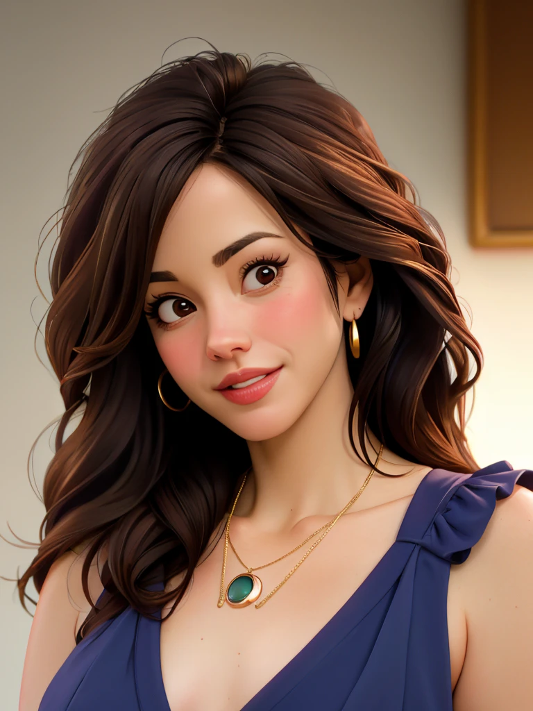 A beautiful br00k3s woman, 1girl,solo,long hair,looking at viewer,smile,simple background,brown hair,dress,bare shoulders,brown eyes,jewelry,upper body,earrings,teeth,sleeveless,grin,lips,one side up,brown background,realistic,soft lighting, professional Photography, Photorealistic, detailed, RAW, analog, sharp focus, 8k, HD, high quality, masterpiece<lora:br00k3s:1.0>