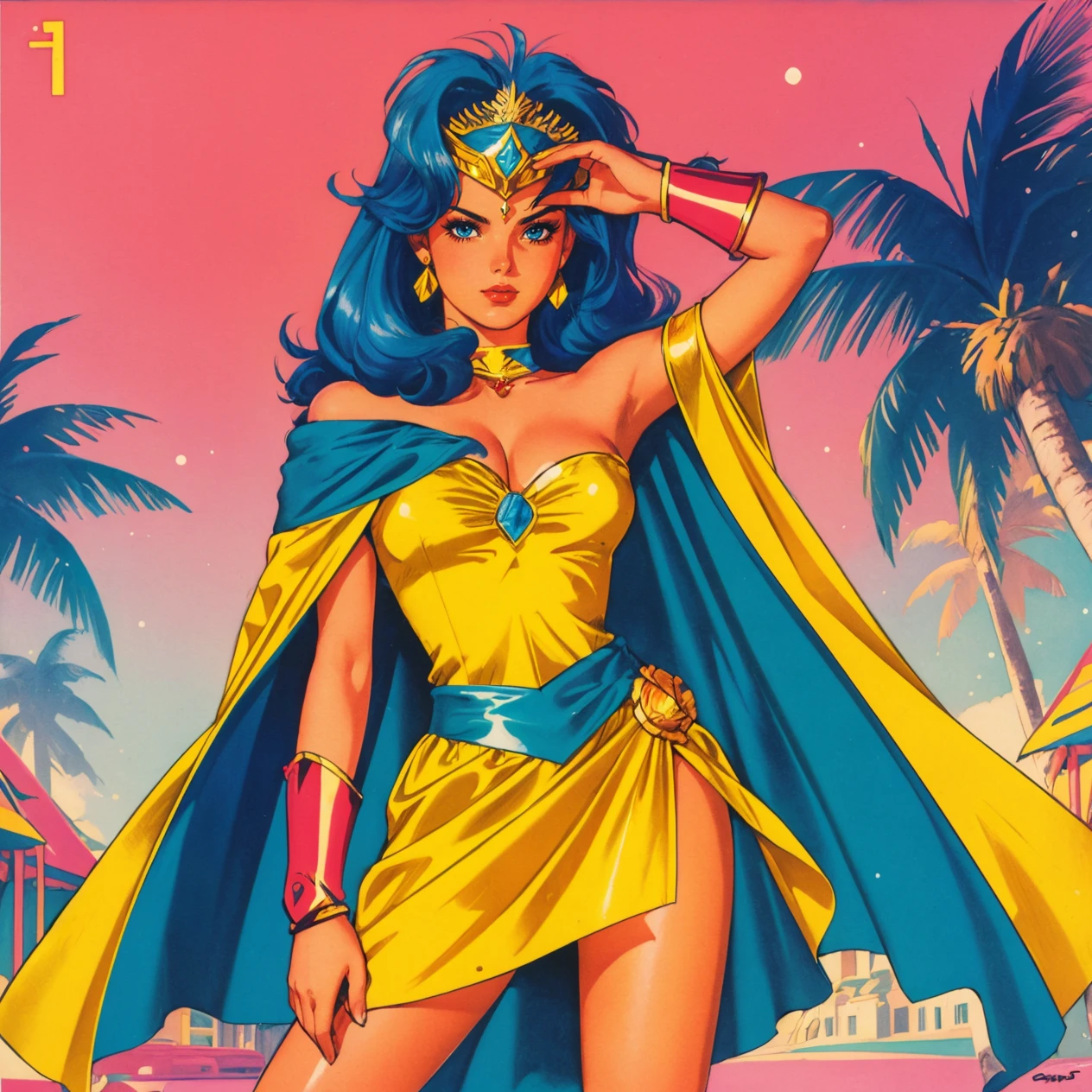 hud_shera, 1girl, solo, cape, short dress, strapless, bare shoulders, bracer, lipstick, helmet, forehead jewel, sword, cleavage, <lora:she-ra80s-000008:0.7>, hud_jem_boxart, colorful retro artstyle, colorful background, neon, palm trees, <lora:jem_style_sd15-000007:0.6>