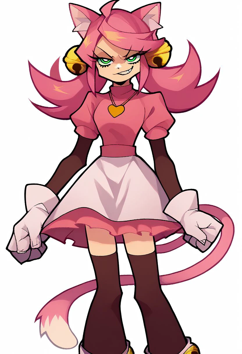 score_9, score_8_up, score_7_up, source_anime, solo, 1girl, woman, Mew Mew, catgirl, pink hair, green eyes, half-closed eyes, cat ears, bells, pink shirt, heart locket, skirt, gloves, cat tail, thigh highs, evil smirk, glare, smug, half body, standing, arms at sides, looking at viewer, standing, white background, Panty & Stocking style, Thick lineart, sharp edges