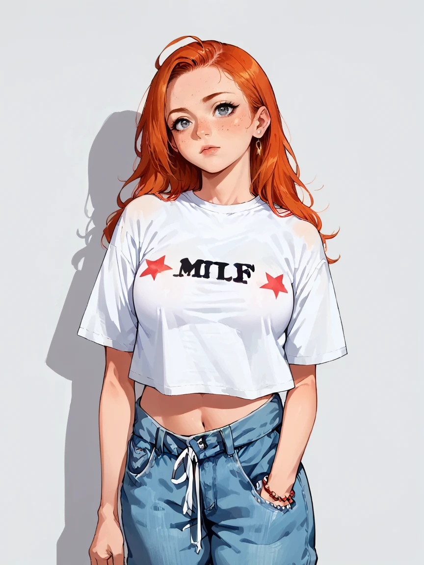 score_9, score_8_up, score_7_up, score_6_up, long hair, ginger hair, grey eyes, 1girl, <lora:Mt0pXLP:1> mt0p, crop top <lora:Black_Magic_Steering:1> source_anime, cel shading, large breasts,