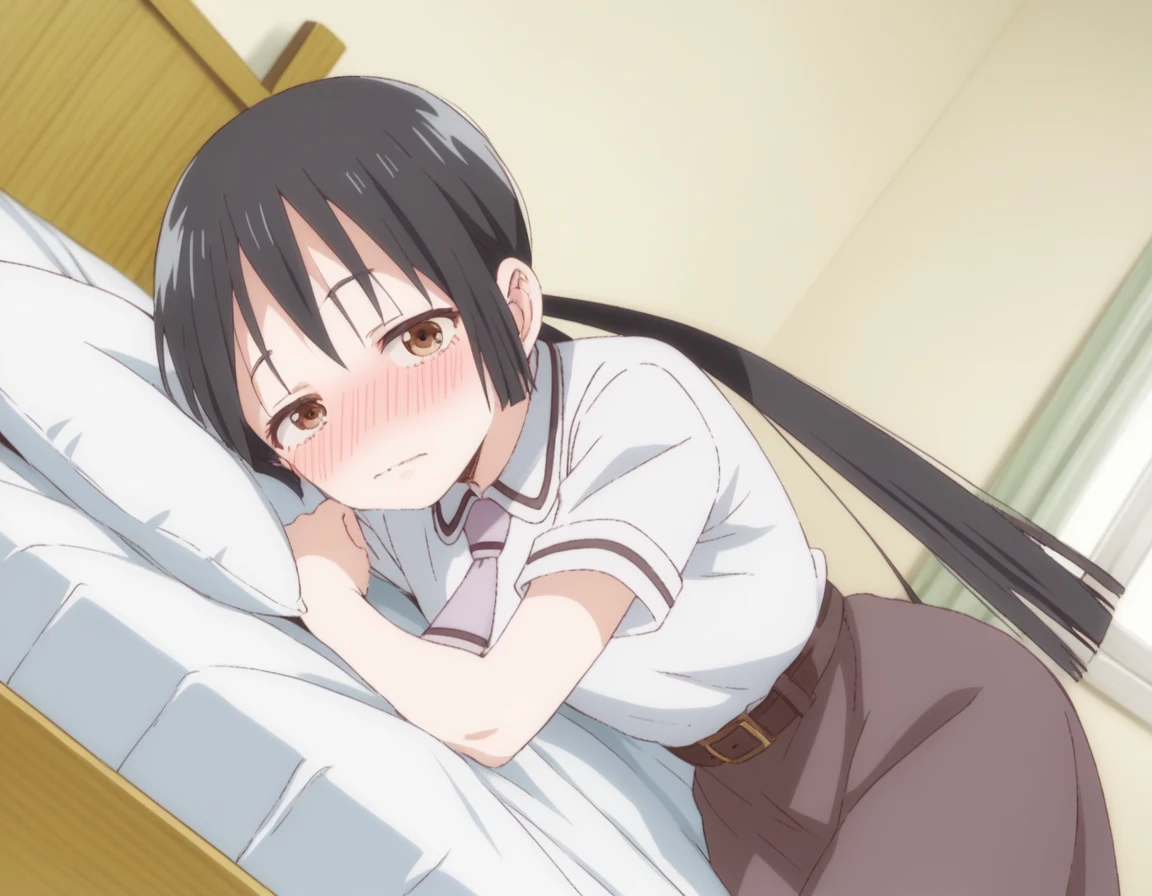 score_9, score_8_up, score_7_up, source_anime,
hanakohonda, <lora:hanako-honda-s1-ponyxl-lora-nochekaiser:1>,
hanako honda, long hair, black hair, twintails, brown eyes, low twintails,
dress, school uniform, necktie, belt,
indoors, bed, bed room, on side, blush, drunk,
looking at viewer, cowboy shot, dutch angle, solo,